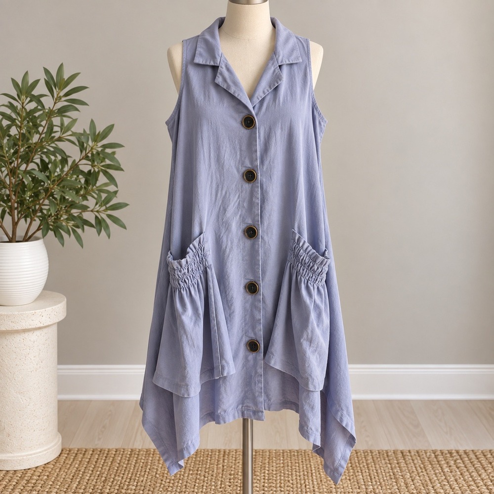 Forcynthia Linen Blend Sleeveless Pocket Handkerchief Hem Dress Blue Lagenlook S